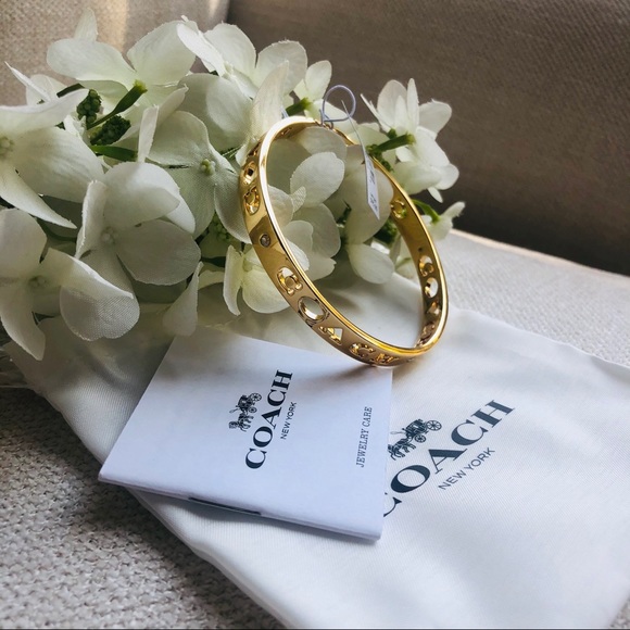 NWT Coach | Gold Pierced Bangle w/ Logo - Picture 2 of 9